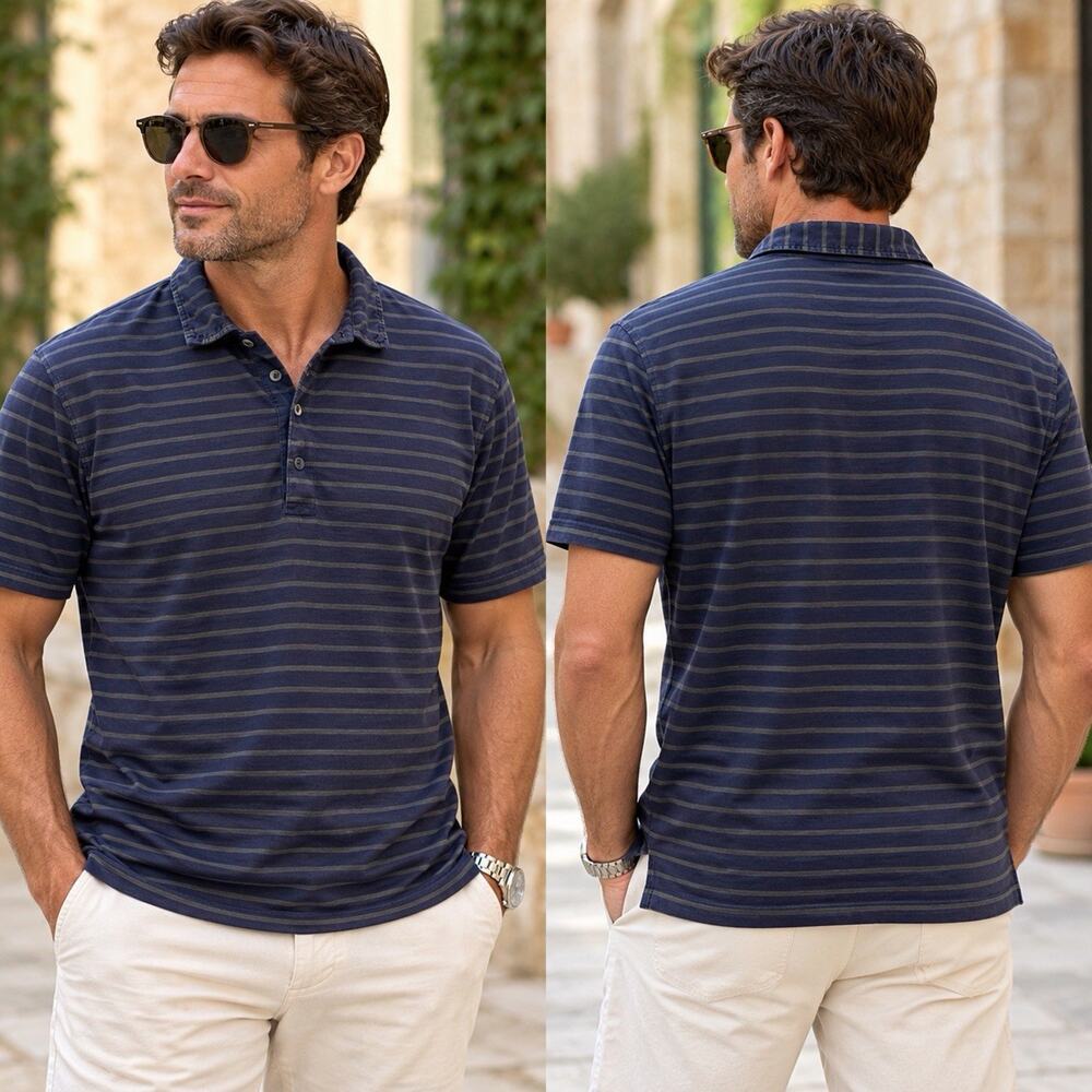 Ermenegildo Zegna Men’s L 52 Striped Polo Shirt Navy Olive Preppy Luxury